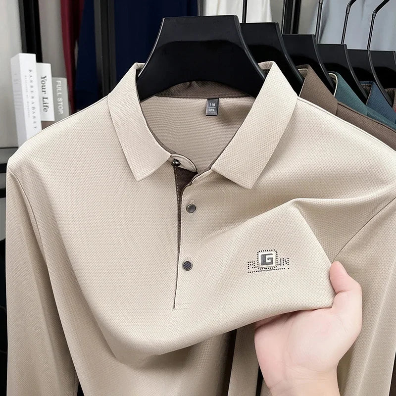 2026 Men's Business Casual Long Sleeved Shirt with Badge,   Solid Colors  of Polo Shirts.   Fashionable, Comfortable, Versatile. Nice Colors.
