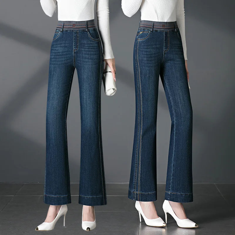 Women's Autumn New High Quality Mid to High Waist Micro Jeans.  Large Size Elastic Waist Stretch, Slimming Casual Pants