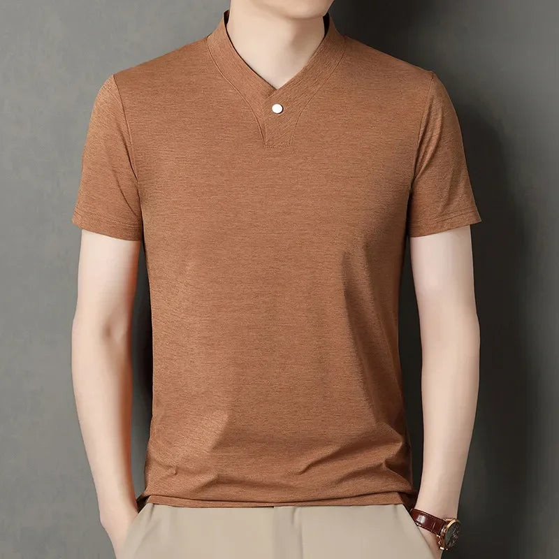 2026 Men's Casual and Fashionable One Button V-neck,  Solid Colors to choose from,  Short Sleeved T-shirt for Summer.