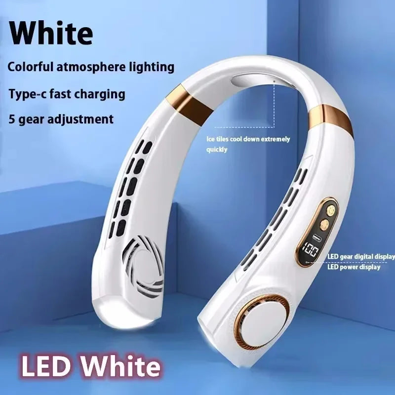 8000mAh USB Hanging Neck Fan Portable, Bladeless,  Mini Rechargeable Mute LED Digital Display, Electric Air Cooler.  Low stock on 1 blue style.  Others have good numbers in stock
