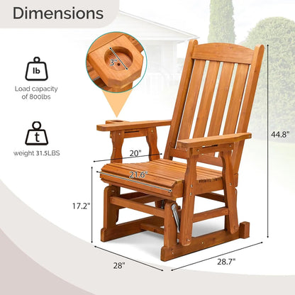 Wooden Glider Chair  with Cup Holder, Porch Glider with Smooth Rocking Mechanism, Heavy Duty 600 LBS