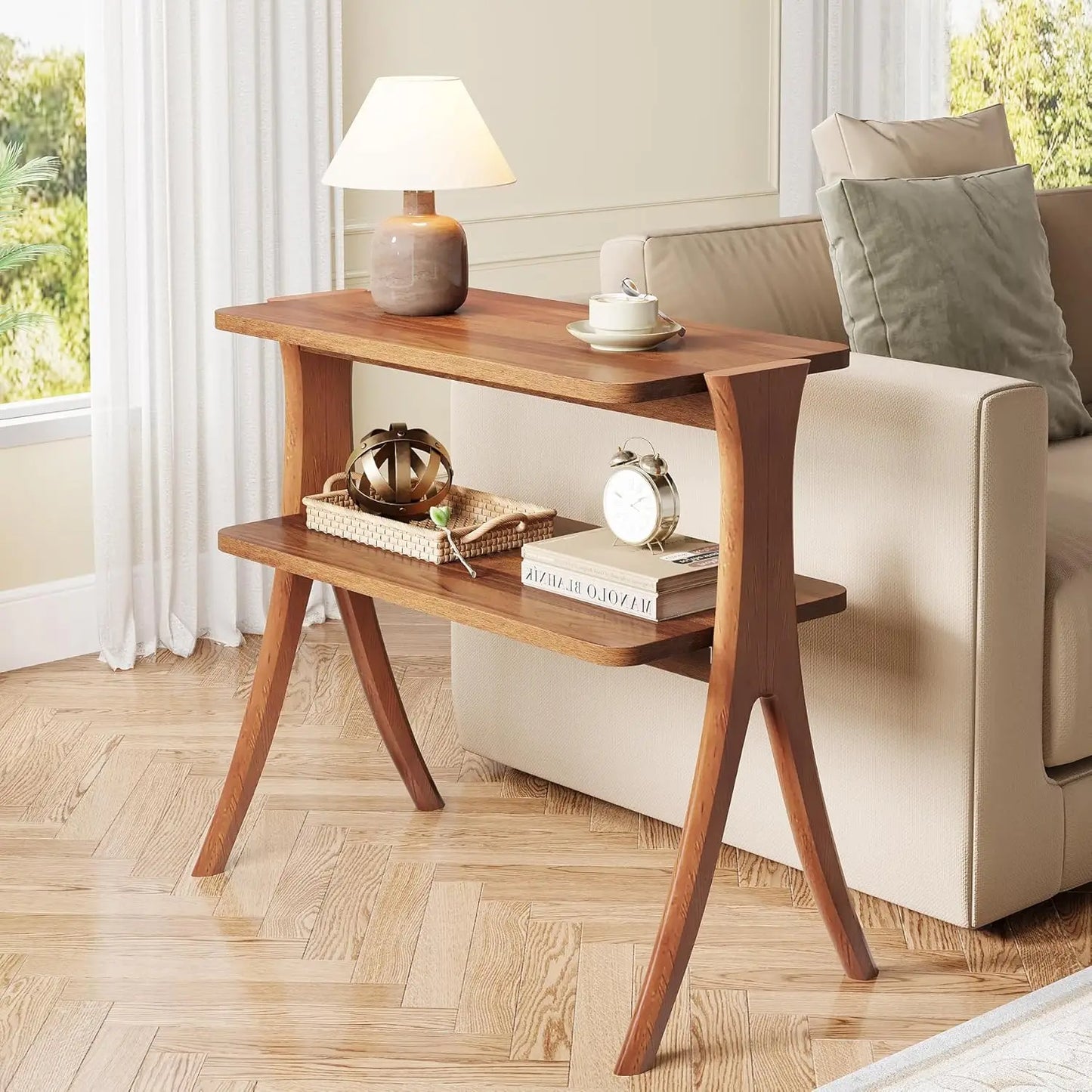 Side Table for Living Room, Farmhouse End Table with 2-Tier Storage Shelf and Solid Wood Legs, or  Nightstand for Bedroom
