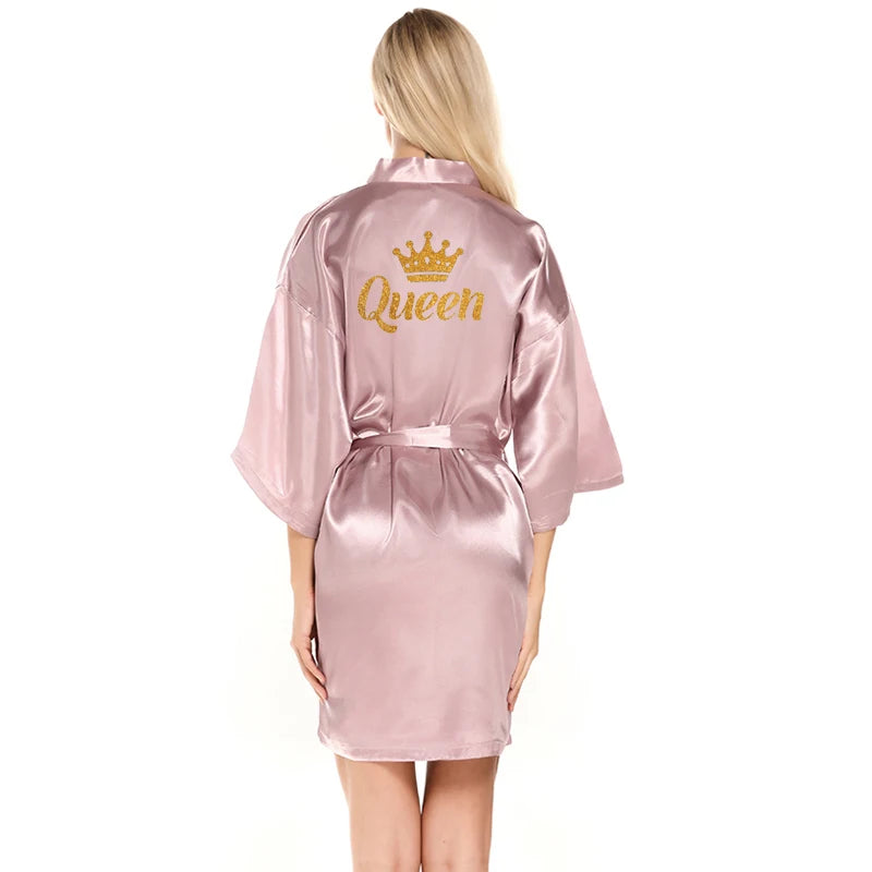 King/ queen glitter writing on back for men and  women,  robe,  satin,  crown design,  honeymoon couple,   kimono robes