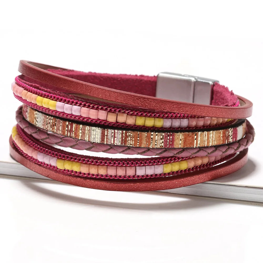 ZG Multilayer Brown Leather Bracelet For Women/Men  Fashion Creative Bohemian Hand Woven Magnetic Clasp Bracelet.  BLACK and BLUE are Available.  Measurement is 19.8 cm so that is 7.8 inches.