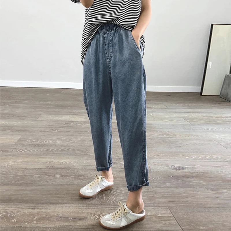 Summer Plus Size Jeans  for Woman/Girls.   Casual,  Loose,  Baggy, Denim Harem Pants with Elastic Waist,  Thin Cotton Jeans Ankle-Length