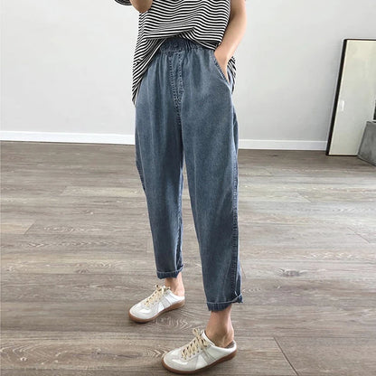 Summer Plus Size Jeans  for Woman/Girls.   Casual,  Loose,  Baggy, Denim Harem Pants with Elastic Waist,  Thin Cotton Jeans Ankle-Length