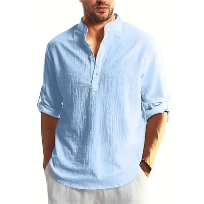 Autumn Men's Cotton /Linen Long Sleeve T-shirt Solid Color Henley Collar Lightweight Breathable Men's Casual Button Top