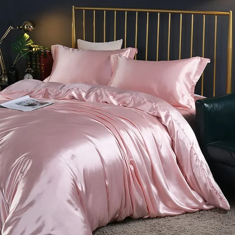 Natural Mulberry Silk Bedding Set Cover Fitted/Flat Bed Sheet,  2 Pillowcases, Luxury Satin Bedsheet,  Solid Colors  King, Queen,  Twin Size