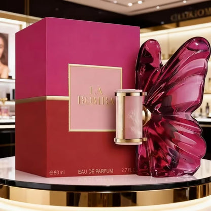 LA Bom. b.A 2.7oz female perfume, fresh flower and fruit fragrance, dragon fruit integration, unique butterfly design
