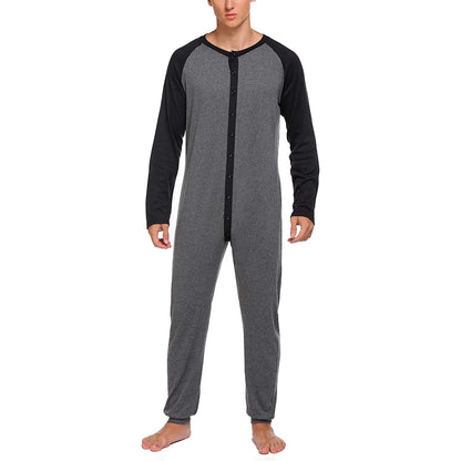 Men s Button Down  s Pajama Long Sleeve Round Neck Color Block Jumpsuit Nightwear For Adults