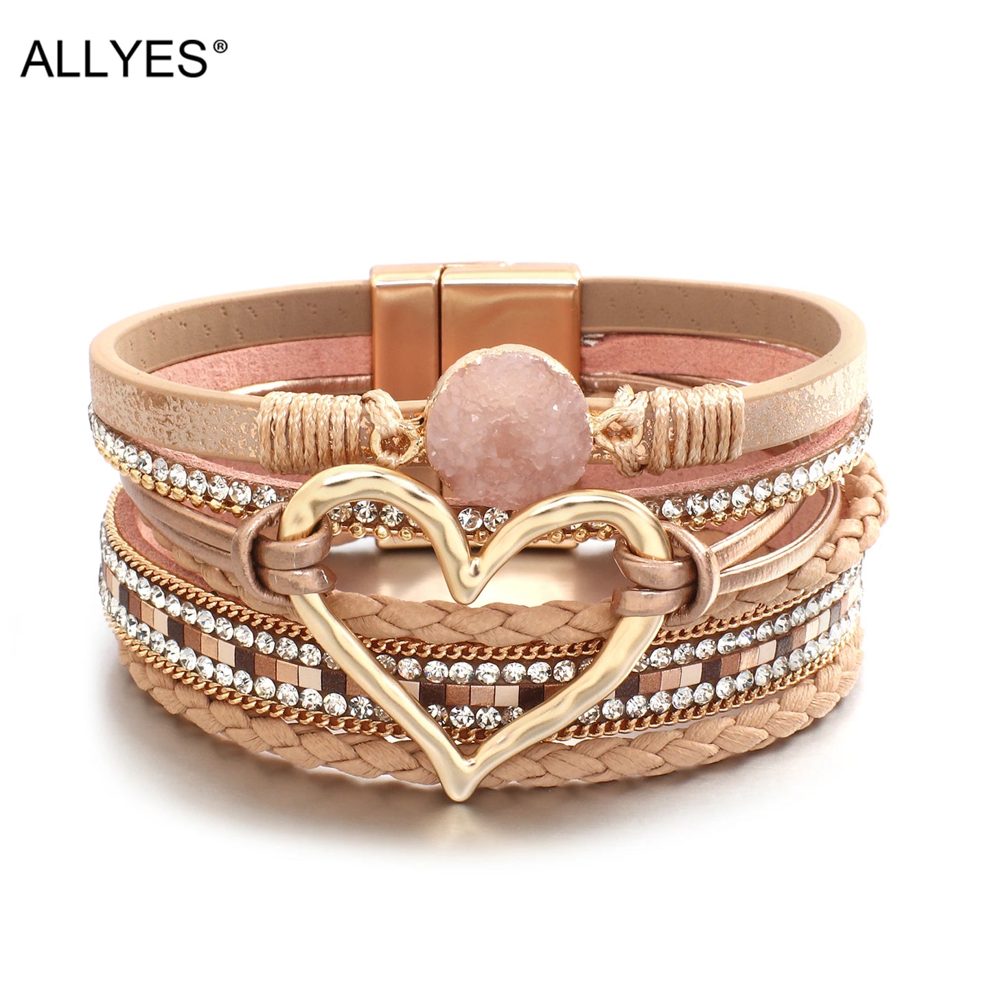 Metal Love Heart Charm,  Leather Bracelets for Women, Fashion Rhinestone Braided Wrap Bracelet , Bangle Female Jewelry Gifts