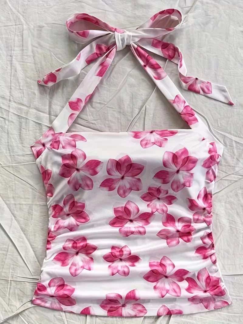 Women's summer short top, pink floral,  camisole vest, suitable for vacation style.