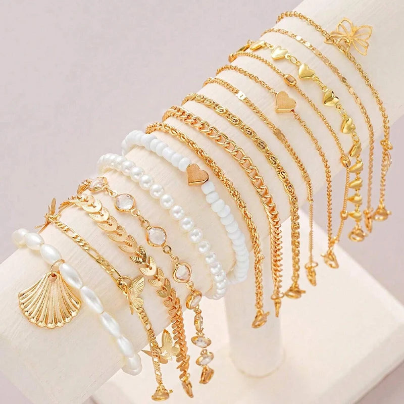13pcs/Set Bohemian Heart,  Butterfly,  Rhinestone Anklet for Women.  Faux Turquoise Multi-Element Anklets,  Summer Beach Party Jewelry