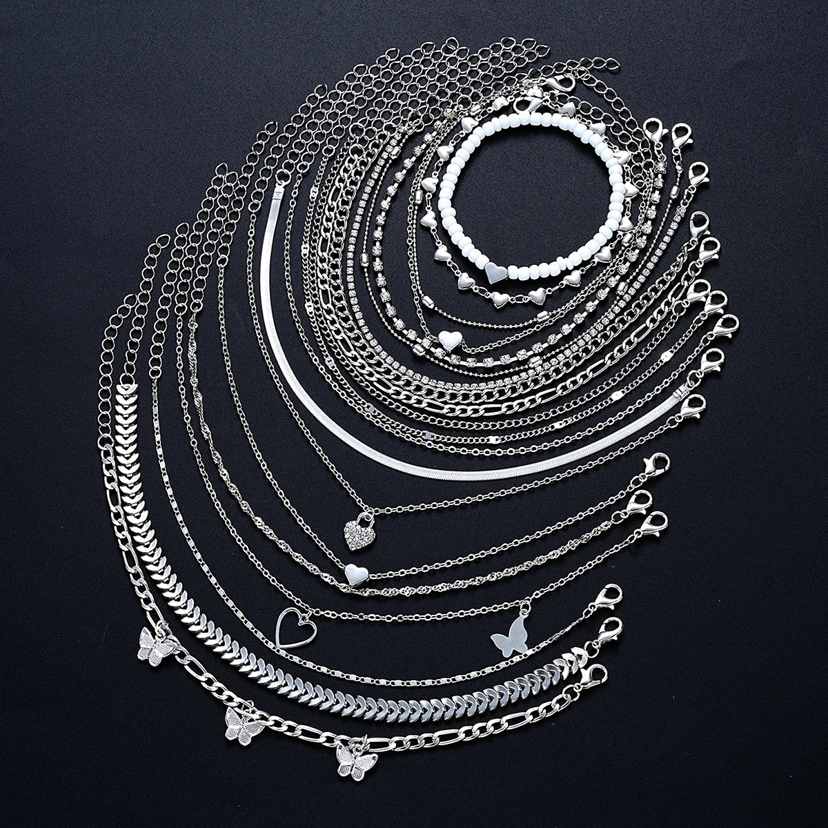 19Pcs/Set New Design Silver Color Anklet Sets for Women Fashion Pearl Butterfly Heart Crystal Foot Chain Versatile Daily Jewelry.  This set is a wonderful gift or a wonderful BUY TO WEAR AND SHARE WITH FRIENDS