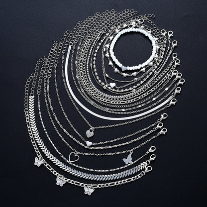 19Pcs/Set New Design Silver Color Anklet Sets for Women Fashion Pearl Butterfly Heart Crystal Foot Chain Versatile Daily Jewelry.  This set is a wonderful gift or a wonderful BUY TO WEAR AND SHARE WITH FRIENDS