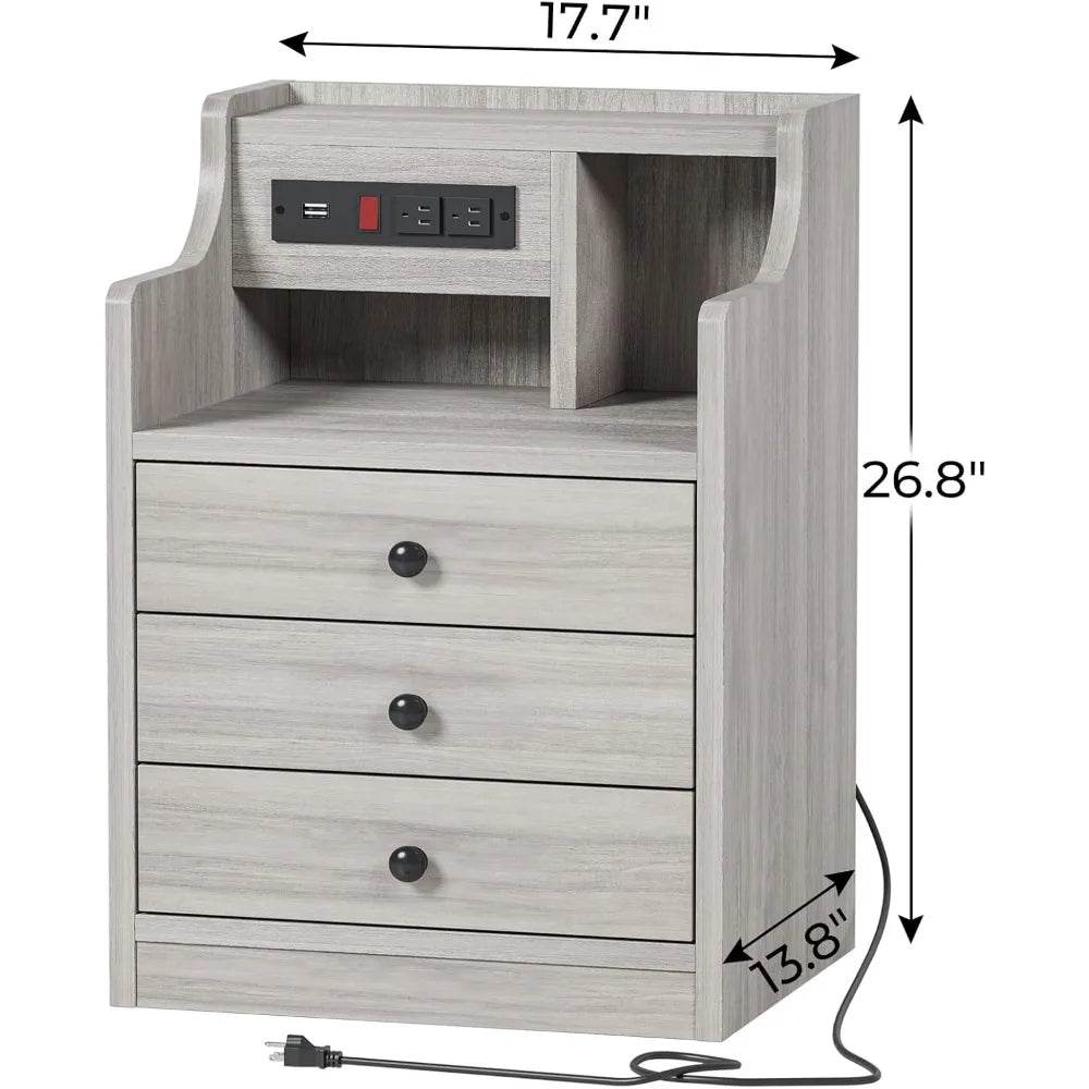 Nightstand with Charging Station, with Hutch & Storage Drawers.   End Table, Side Table,  Bedroom, Office