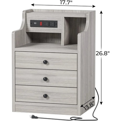 Nightstand with Charging Station, with Hutch & Storage Drawers.   End Table, Side Table,  Bedroom, Office