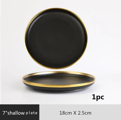 Gilt Rim Black Porcelain Dinner Plates,  Kitchen Dishes,  Ceramics,  Tableware Food Tray,  Rice, Salad, Noodles Bowl , Cutlery Set