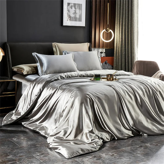 Solid Silk Bedding Set with Duvet Cover, Bed Sheet, 2 Pillowcases Luxury Satin Single Double Bedsheet King Queen Twin Size