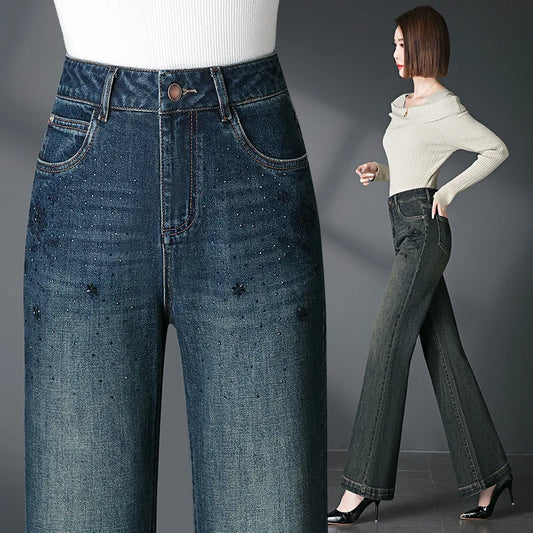 Autumn/Winter Women's High Quality,  Mid to High Waist,  Micro Jeans  in Plus Sizes, Embroidered,  Straight LEG, Casual