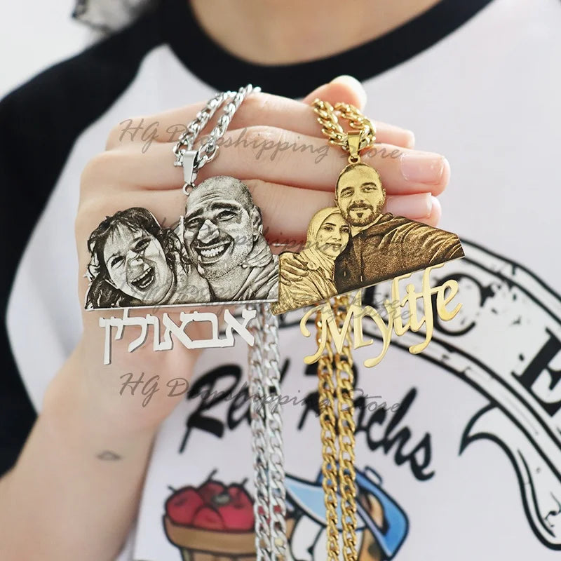 Custom Picture Nameplate Pendant, with Custom Photo Necklace,  Engraved Portrait.   Christmas Gift for Kids Jewelry Family Gifts
