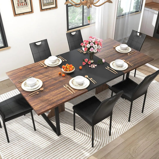71" Large Wooden Dining Table Set 7PCS/ 6 Chairs  for Kitchen or Dining Room,  Brown Black, Customized