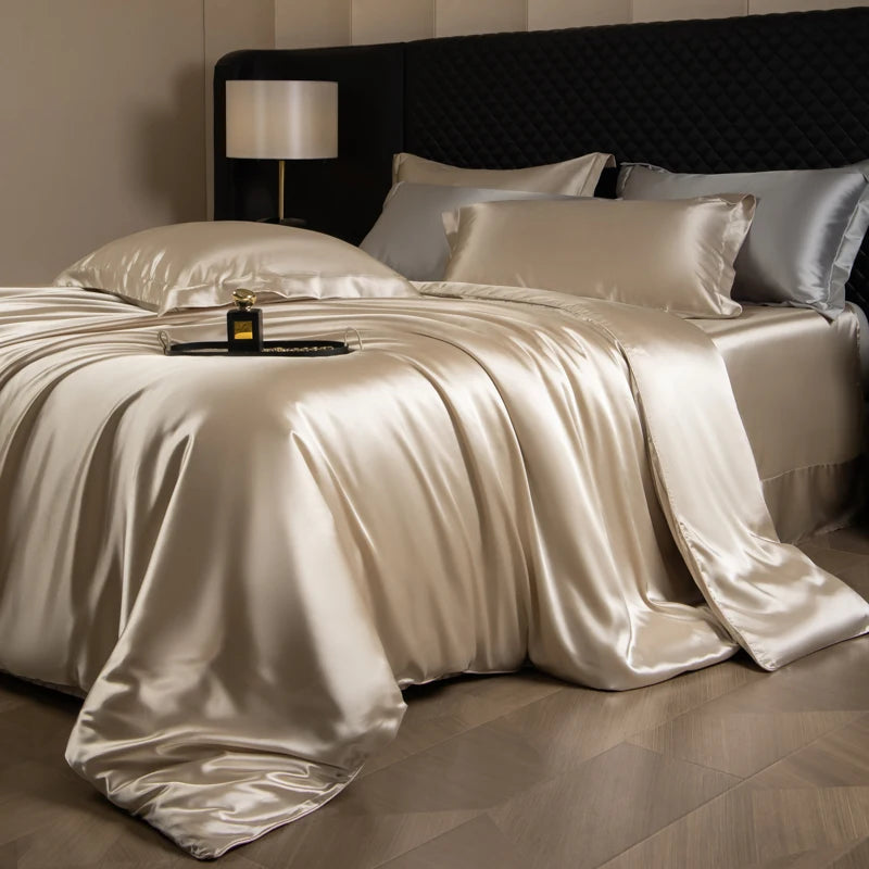 Silk Bed Sheets Set,   Luxury Bedding Set with Duvet Cover,  Fitted/Flat Bedsheet,  Pillowcases, Mixed with Rayon, King /Queen/ Full T/win