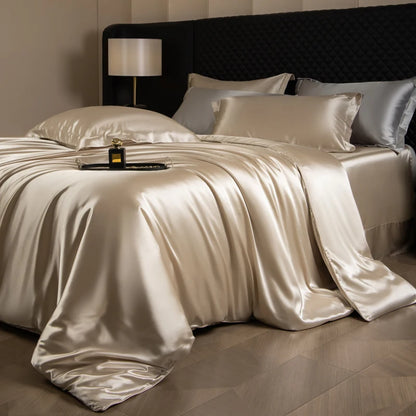 Silk Bed Sheets Set,   Luxury Bedding Set with Duvet Cover,  Fitted/Flat Bedsheet,  Pillowcases, Mixed with Rayon, King /Queen/ Full T/win