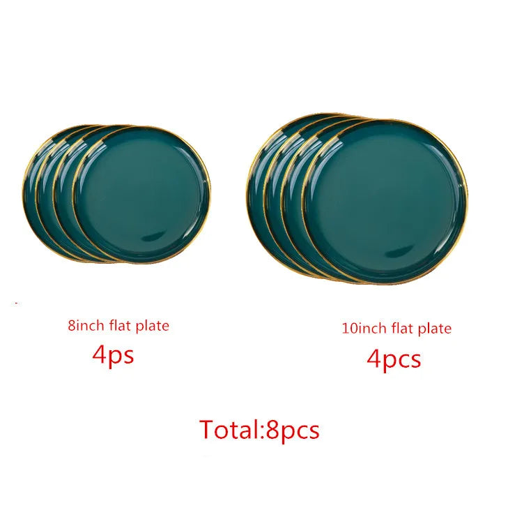 Luxury Forest Green Ceramic Dinnerware Set,  Including  Shallow Plates,  Rice,  Soup Bowls,  Fish,  Dish And Spoon