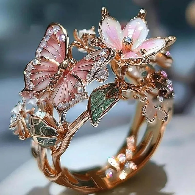 Aesthetic Flower Butterfly Rings for Women.  Romantic Rhinestone,  Stylish Non-fading Opening Ring
