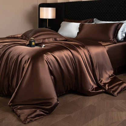 Silk Bed Sheets Set,   Luxury Bedding Set with Duvet Cover,  Fitted/Flat Bedsheet,  Pillowcases, Mixed with Rayon, King /Queen/ Full T/win