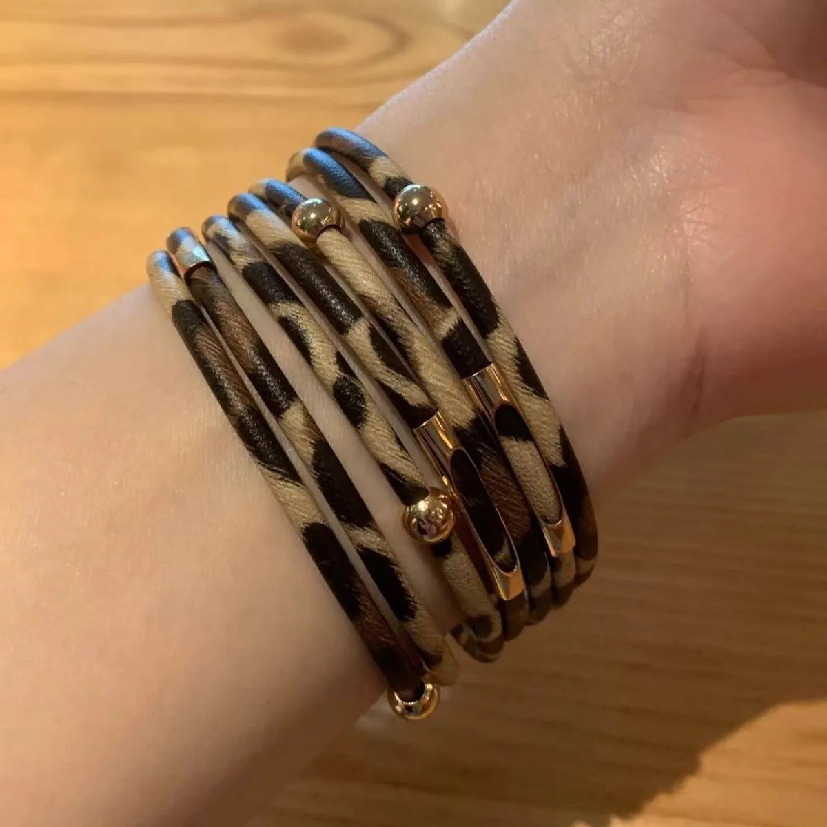 Vintage Metal Tube, LIGHT Leopard Leather and DARK Leather Leopard Bracelets for Women /Men.  Retro MultiLayer Bracelets & Bangles with  Charms.  Jewelry Gifts
