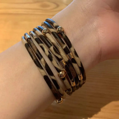 Vintage Metal Tube, LIGHT Leopard Leather and DARK Leather Leopard Bracelets for Women /Men.  Retro MultiLayer Bracelets & Bangles with  Charms.  Jewelry Gifts