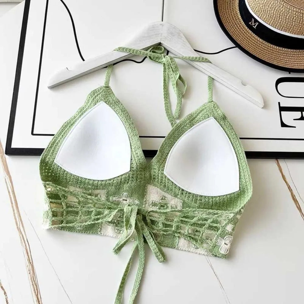 National Style Women Swimwear Top with Chest Pads Bohemian Beach Wear Outfit Crochet Hanging Neck Summer Sling Beach Vacation
