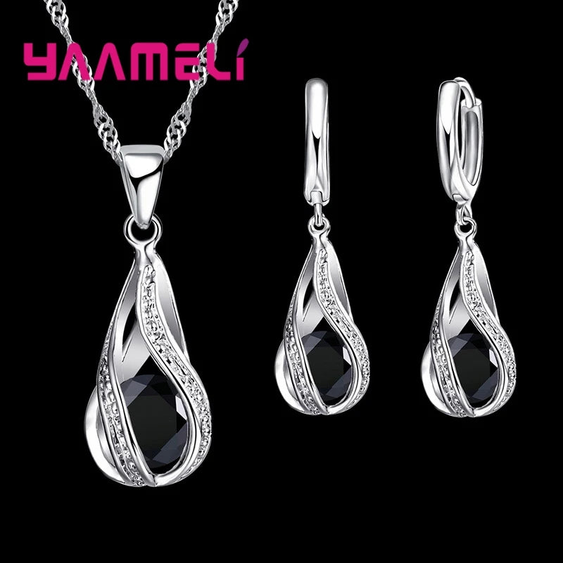 Hot Water Drop CZ 925 Sterling Silver Plated Jewelry Set For Women.  Pendant Necklace,  Hoop Earrings, Wedding gifts, MOTHERS DAY Gifts