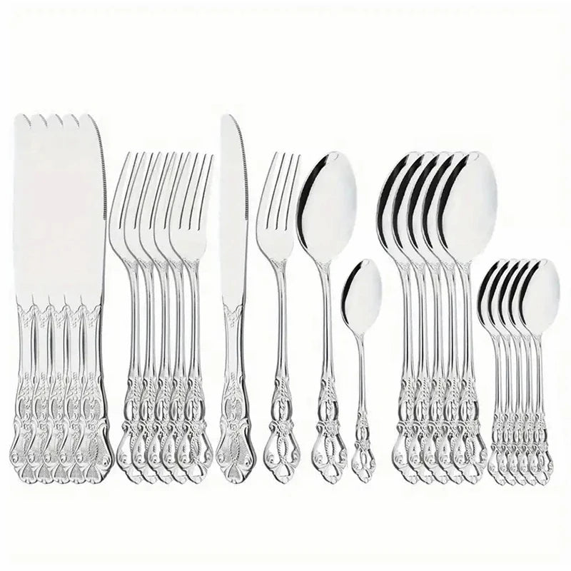 4/24pcs Elegant and durable vintage crown cutlery set - stainless steel cutlery for restaurants, home, parties and weddings.  The availability is limited to 4 pcs. of Gold, 4pcs of Silver, 24pcs. of silver.  Hoping this item