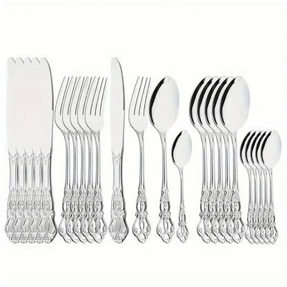 4/24pcs Elegant and durable vintage crown cutlery set - stainless steel cutlery for restaurants, home, parties and weddings.  The availability is limited to 4 pcs. of Gold, 4pcs of Silver, 24pcs. of silver.  Hoping this item