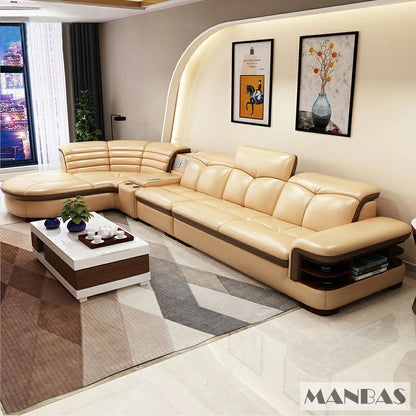 Luxury L-Shaped Genuine Leather Sectional Sofa Sets with USB, Bluetooth Speaker - Living Room, Italian Leather Couches