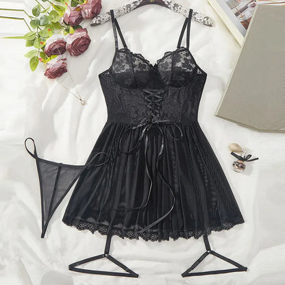 Sexy Bra And Garter Belt Lingerie  in Hot Red.   Babydoll Dress  for Women.  Exquisite 3-Piece Set Nightwear Set