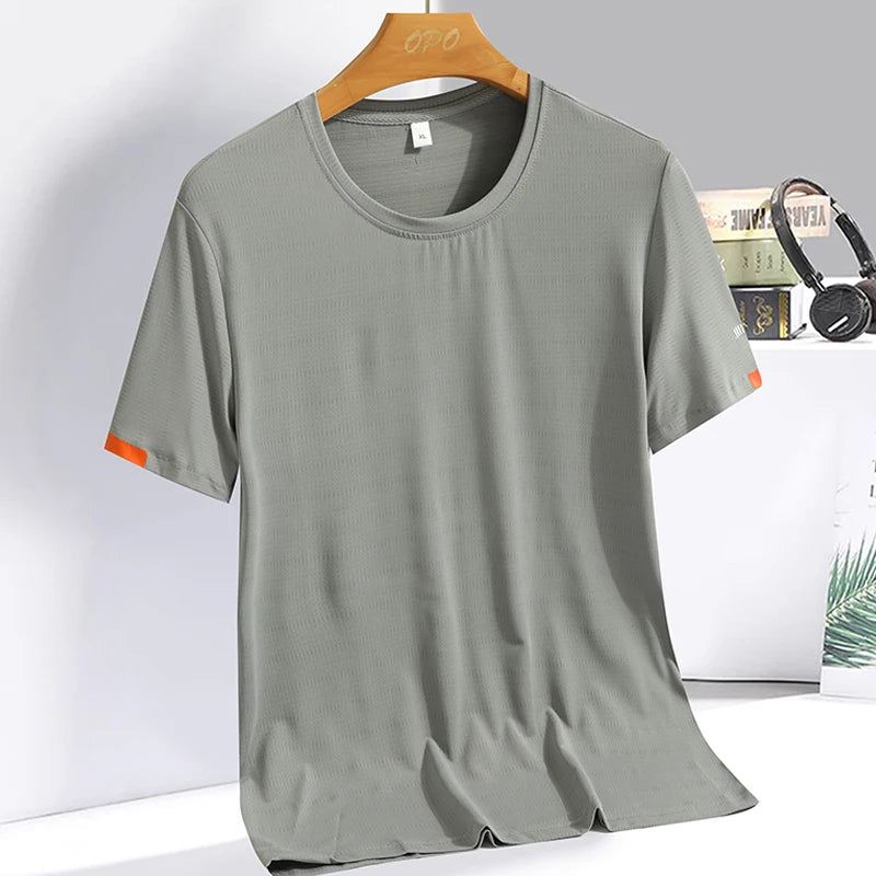 Men's Summer Ice Silk T-shirts, Round Neck, Thin, Breathable,  Quick Drying
