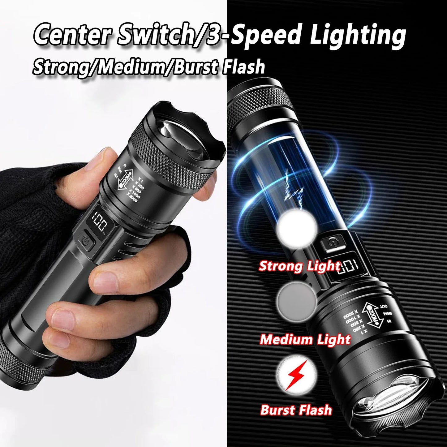 Rechargeable LED Flashlight Zoomable Torch with LCD Display, 3 Modes Waterproof High Power Hand Light, Outdoor Wilderness Camping