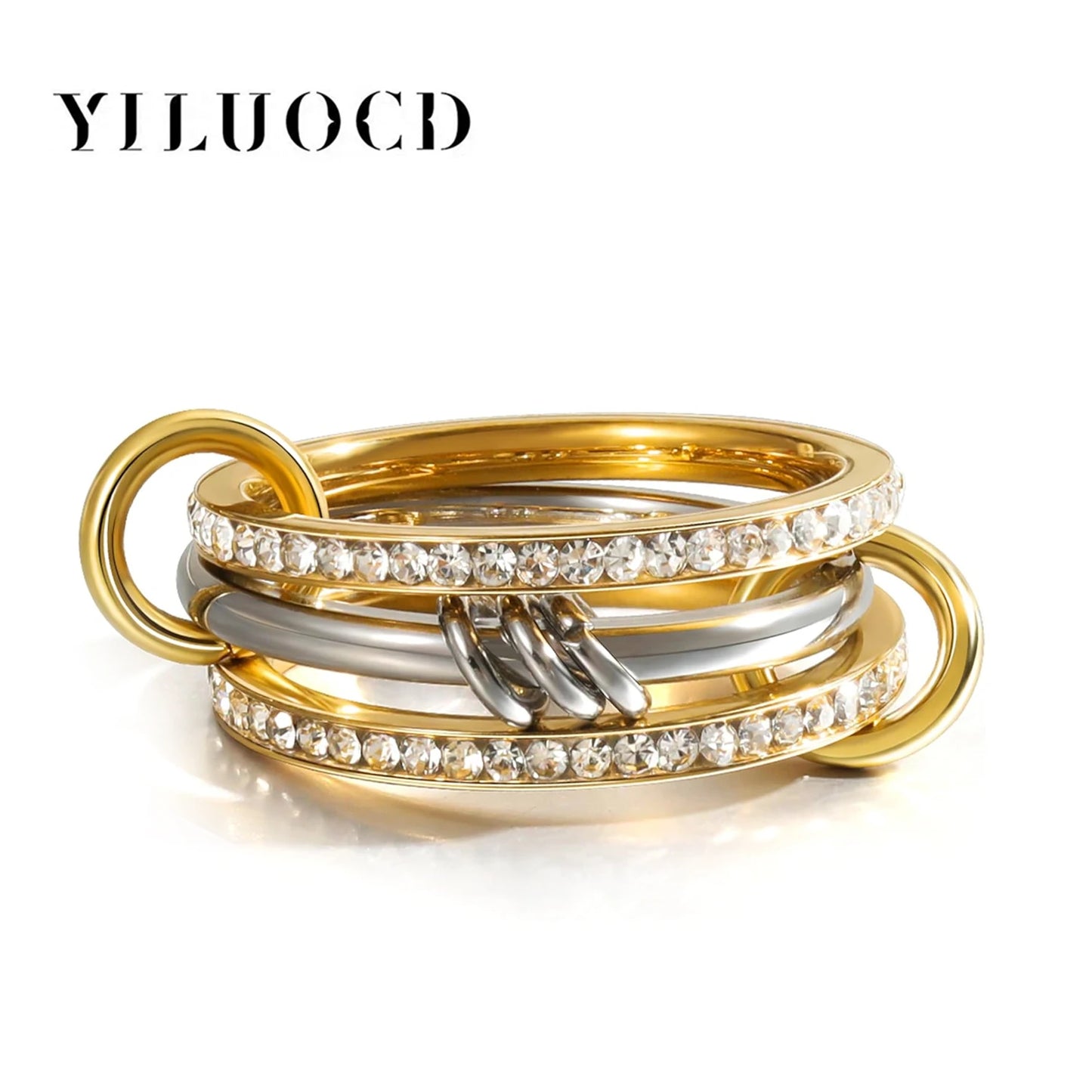 New Stainless Steel Cubic Zirconia Stackable Rings for Women  with 18k Gold- and ,Plating Multi-Link Connected Statement Ring,  Stacked Jewelry