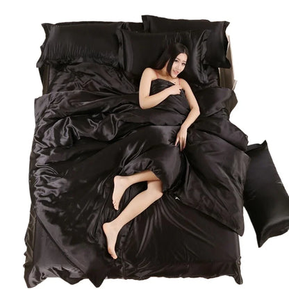 Nordic Satin Silk Bedding Set with Duvet Cover,  Bed Sheet,  Pillowcases.   Luxury Solid Single, Double, Couple Pillow Case and Bedsheet