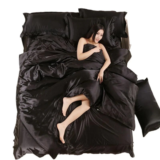 Nordic Satin Silk Bedding Set with Duvet Cover,  Bed Sheet,  Pillowcases.   Luxury Solid Single, Double, Couple Pillow Case and Bedsheet