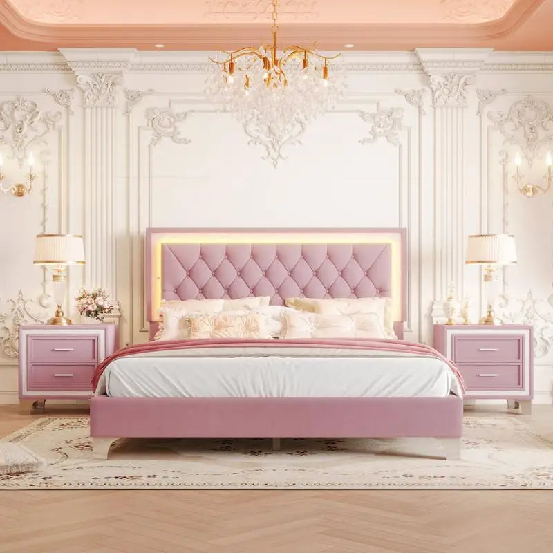 3-Piece Bedroom Set, Queen Size Upholstered Bed with LED Lighting & 2 Nightstands, Pink Upholstered Platform Bed with Modern