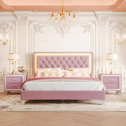 3-Piece Bedroom Set, Queen Size Upholstered Bed with LED Lighting & 2 Nightstands, Pink Upholstered Platform Bed with Modern