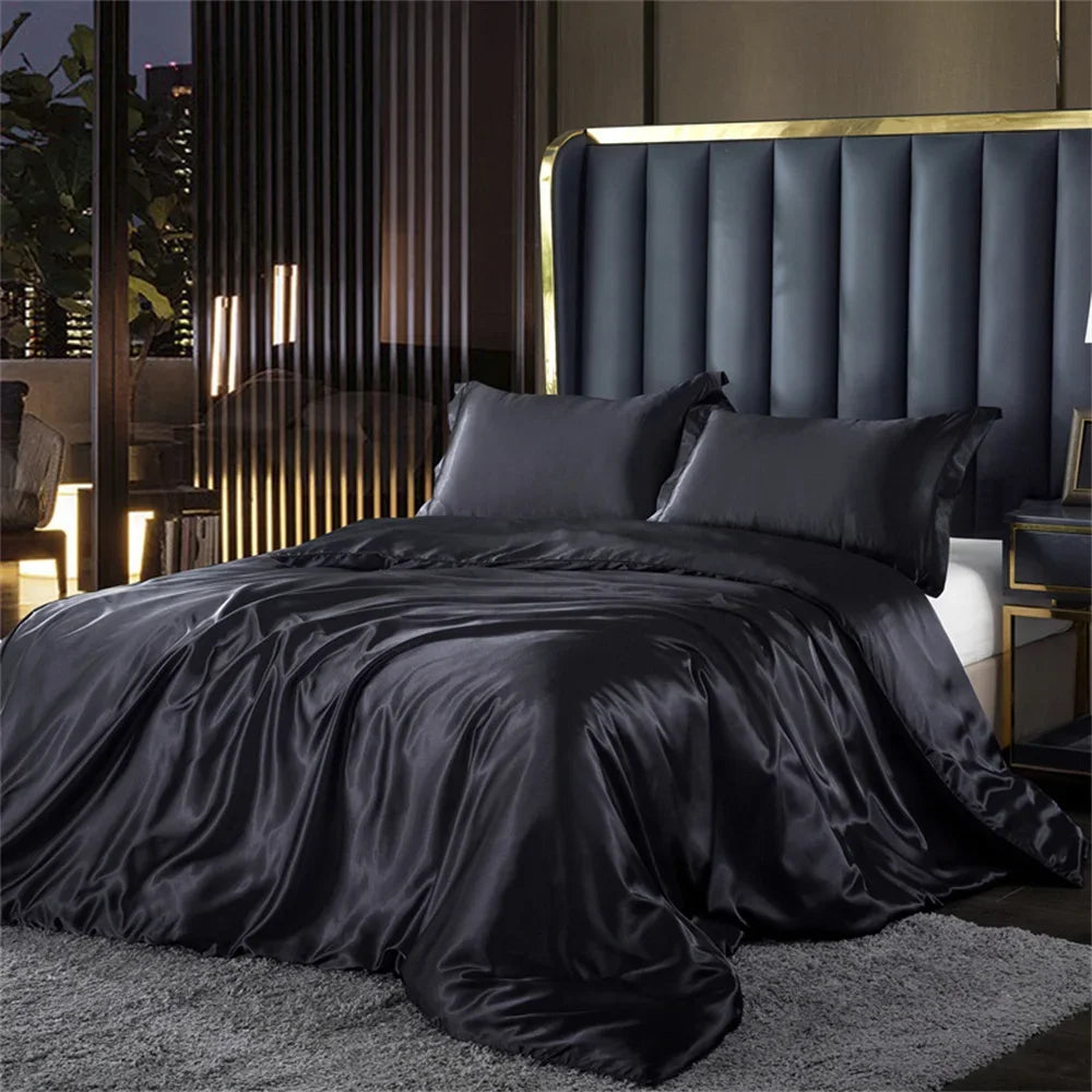 Solid Silk Bedding Set with Duvet Cover, Bed Sheet, 2 Pillowcases Luxury Satin Single Double Bedsheet King Queen Twin Size