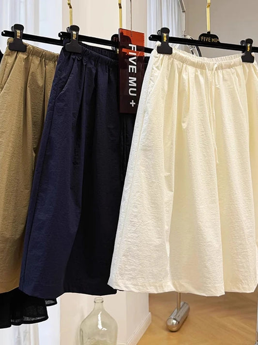 Quick Dry Thin Wide Leg Pants, Women's Elastic Waist Five-Point Shorts, Casual Straight Leg Acetate Fiber  for Summer