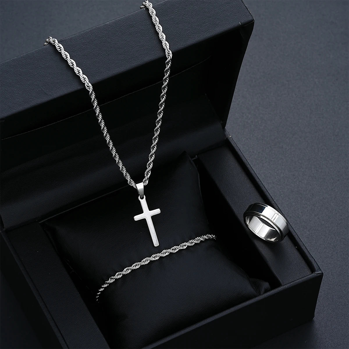 Stainless Steel Simple  3 piece Jewelry Set For Men /Women.  Fashion Silver Color,  Cross Pendant,  Twisted Rope Necklace and Bracelets with Ring Gift.