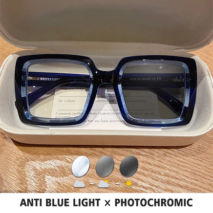 Square, Photochromic,  Blue-Light Blocking, Large Frame Eyeglasses, Reading Glasses Ladies Prescription Myopia Glasses